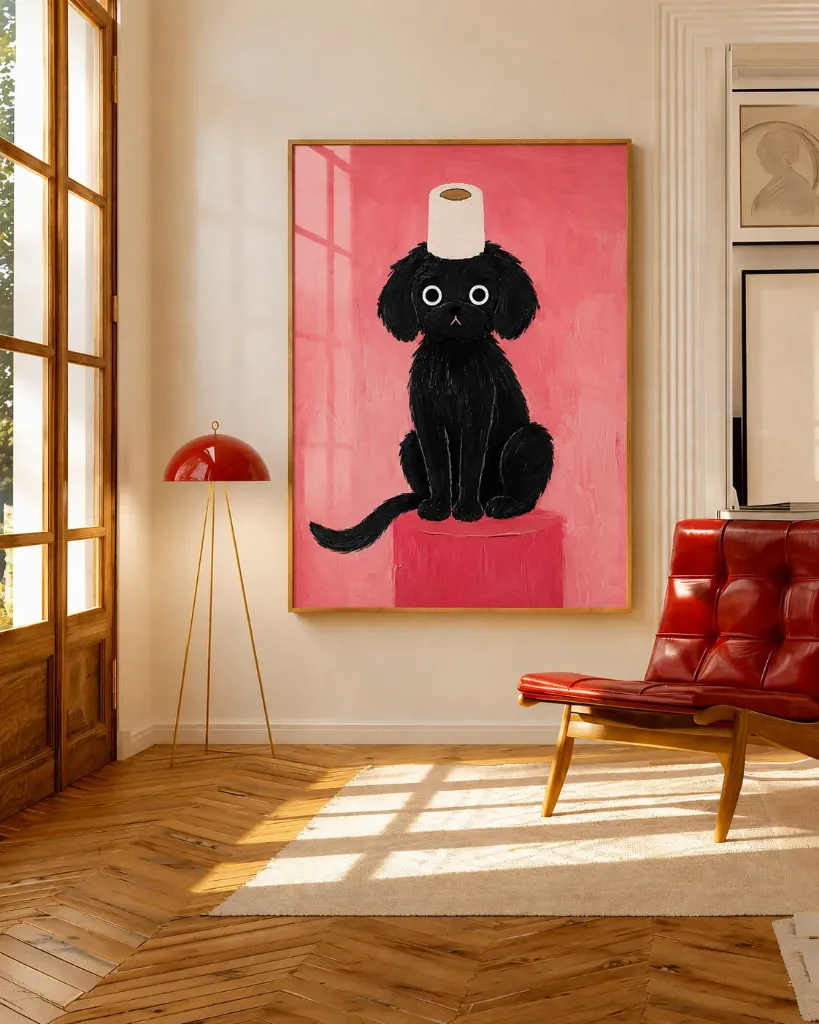 Black Dog with Toilet Paper Hat Digital Art, Printable Puppy Wall Decor