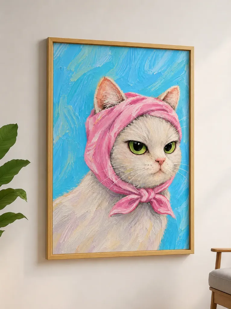 White Cat Wall Art, Pink Scarf Cat Print, Colorful Animal Decor