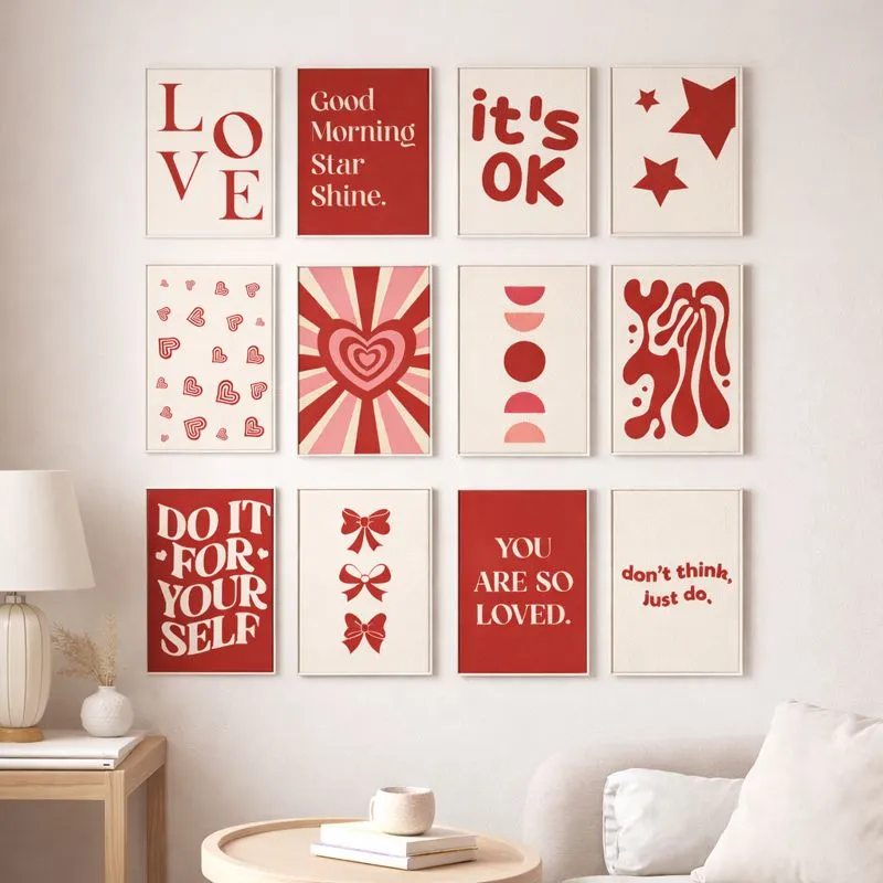 Minimalist Cherry Red Wall Art Posters | 12 Aesthetic Printable Designs for Modern Interiors